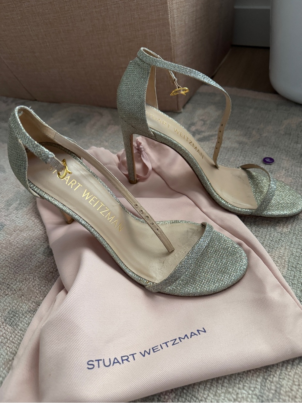 Stuart Weitzman Glittery Silver Open-Toe Ankle-Strap Heels